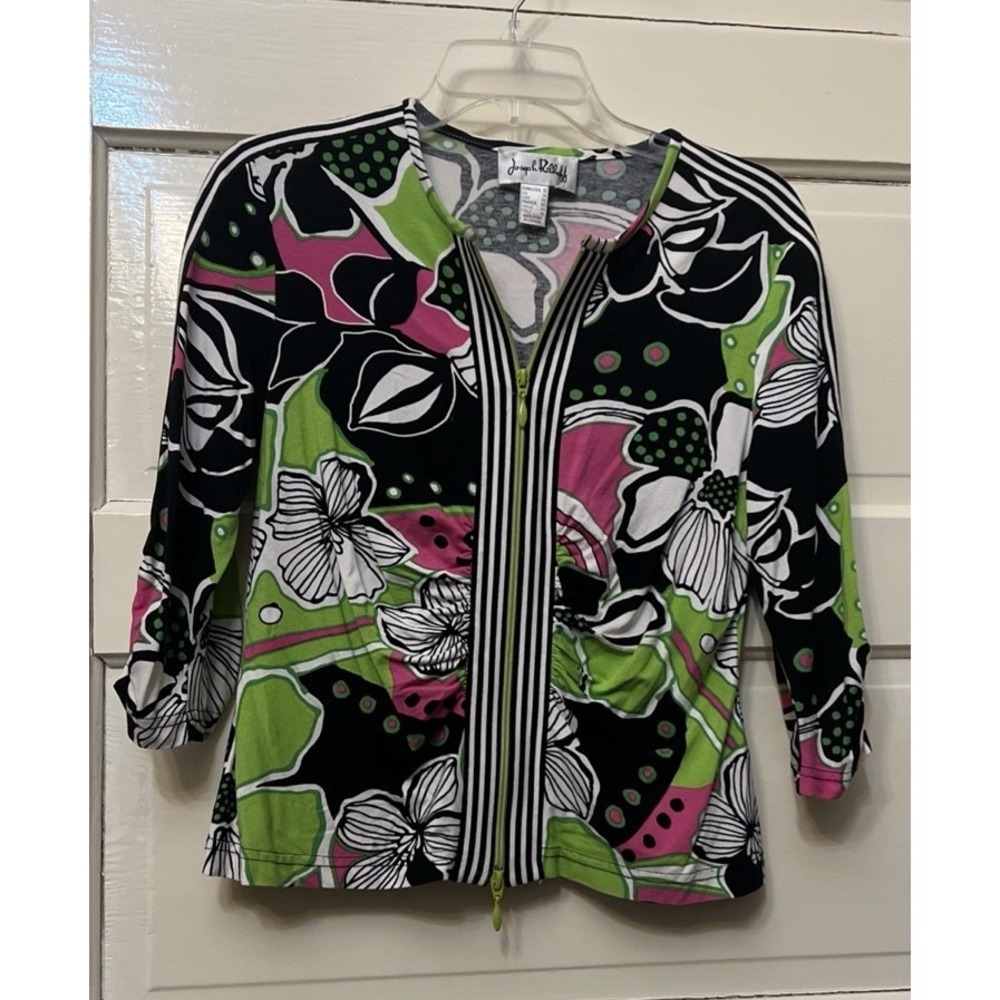Vtg Y2K Joseph Ribkoff Artsy Quirky Statement BLK Stripe Floral slim Zip-up S 12